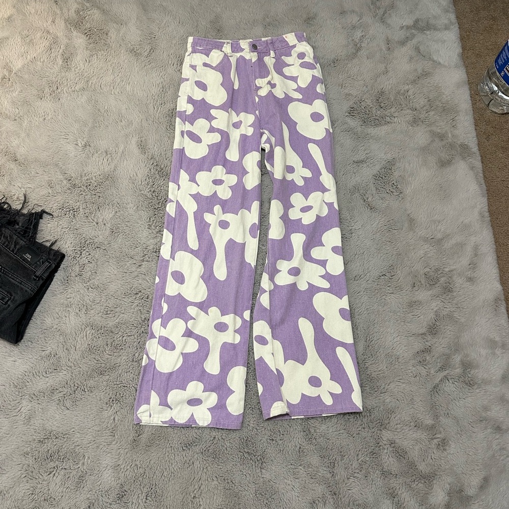 Casual Purple Wide-Legged Pants with Abstract Cow Print